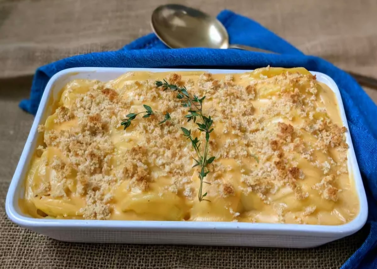 Zöldséges gratin morzsás, sajtos tetővel, jénaiban