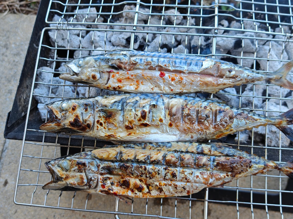 Grillezett makrélák rácson, sütés közben